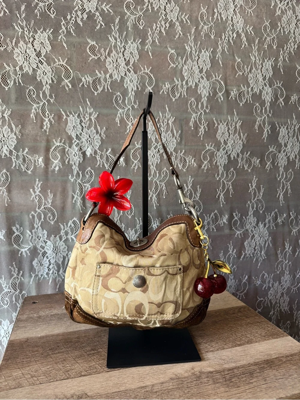 Coach Beige Signature Canvas Shoulder Bag with Brown Trim and Cherry Charm